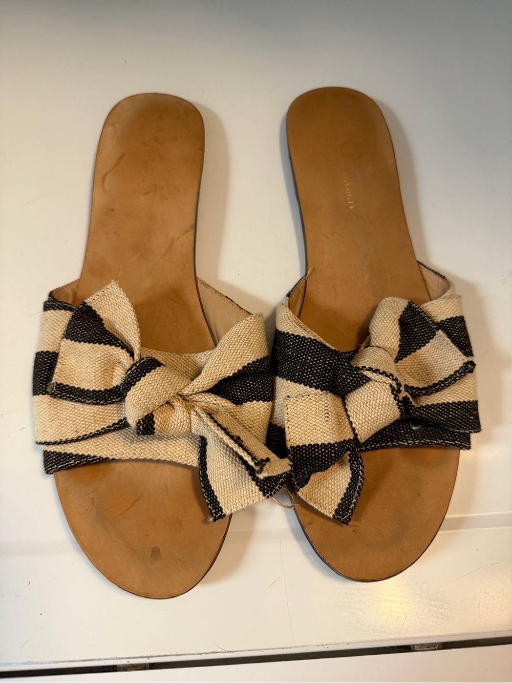 Anthropologie Striped Bow Slide Sandals in Black & Cream